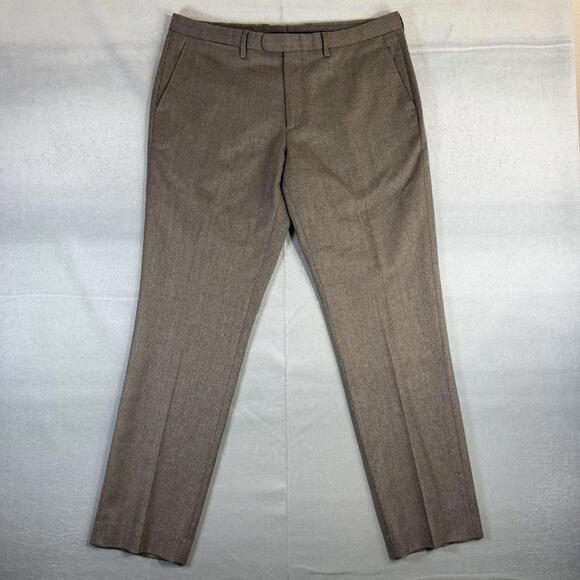 J Crew Bowery Dress Pants Mens 36x32 Brown 100% Wool Slim Trouser Herringbone - Picture 1 of 8